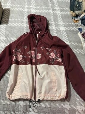 Justify Burgundy & Blush Floral Colorblock Hooded Bomber Jacket